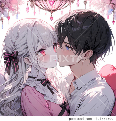 Young man and woman kissing. Love between an albino girl and a blue-eyed young man. AI illustration in manga style Young man and woman kissing. Love between an albino girl and a blue-eyed young man. AI illustration in manga style 121557399