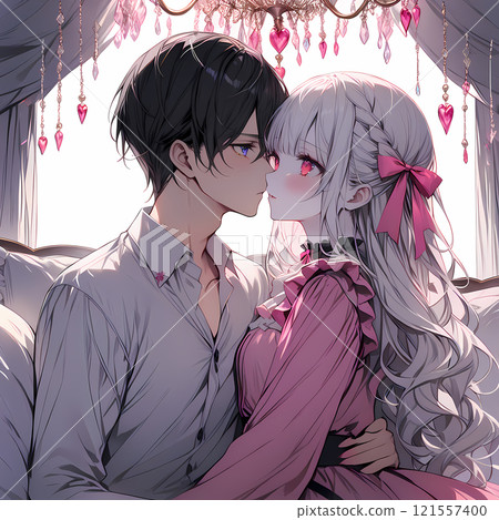 Young man and woman kissing. Love between an albino girl and a blue-eyed young man. AI illustration in manga style 121557400