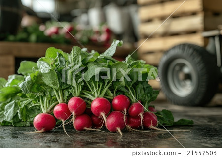 Freshly picked radishes resting on a table in a warehouse 121557503