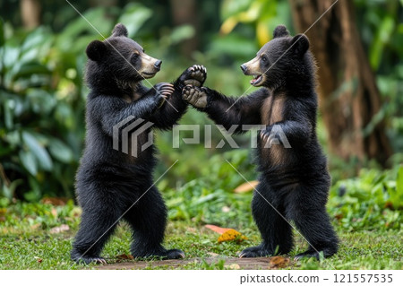 Two playful asiatic black bear cubs are fighting in the forest 121557535
