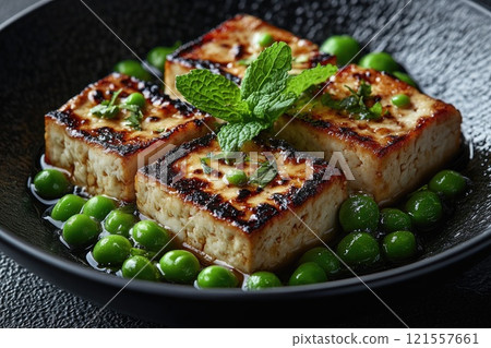 Fried tofu with green peas and mint on black plate 121557661