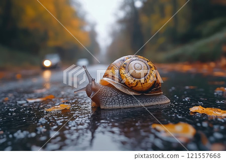 Snail crawling on wet asphalt in autumn forest road with approaching car Snail crawling on wet asphalt in autumn forest road with approaching car 121557668