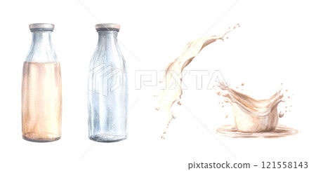 Glass milk bottle with flowing milk. Dairy products set. White liquids splash, splatters. Watercolor hand drawn illustration.Clipart for beverage, cream, yogurt label print. Isolated from background.  121558143