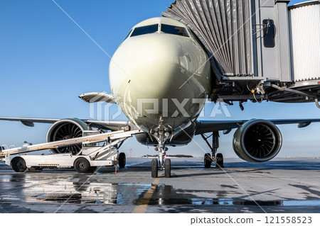 The passenger aircraft stands at the boarding bridge on an airport apron. The baggage compartment of the airplane is open and the luggage is being loaded The passenger aircraft stands at the boarding bridge on an airport apron. The baggage compartment of the airplane is open and the luggage is being loaded 121558523