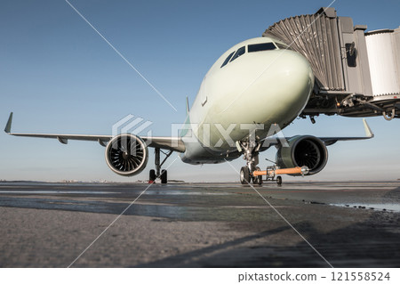Passenger airliner with towbar at the jetway Passenger airliner with towbar at the jetway 121558524