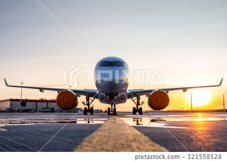 Front view of the modern passenger airplane on the airport apron against the backdrop of a picturesque sunset Front view of the modern passenger airplane on the airport apron against the backdrop of a picturesque sunset 121558528