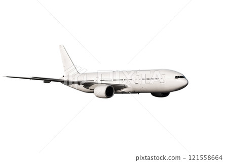 Wide body passenger aircraft flying isolated on white background 121558664