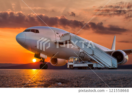 Wide body passenger airliner with air stairs at the airport apron against the backdrop of a picturesque sunrise 121558668