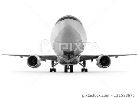 Front view of wide body passenger aircraft isolated on white background 121558675