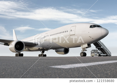 Wide body passenger airliner with a boarding stairs at the airport apron against the background of a bright sky 121558680