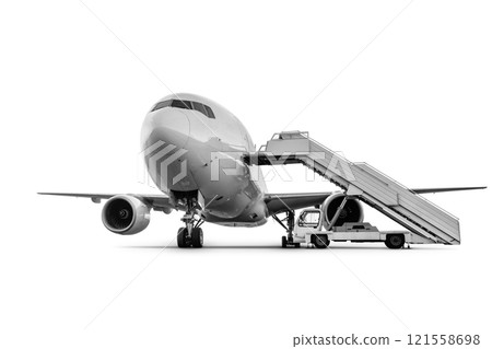 Wide body passenger jet plane with staircase isolated on white background 121558698