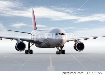 Wide body passenger airliner taxiing on the taxiway isolated on bright background with sky Wide body passenger airliner taxiing on the taxiway isolated on bright background with sky 121558722