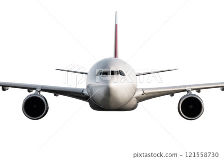 Front view of the wide body passenger jetliner fly isolated on white background Front view of the wide body passenger jetliner fly isolated on white background 121558730