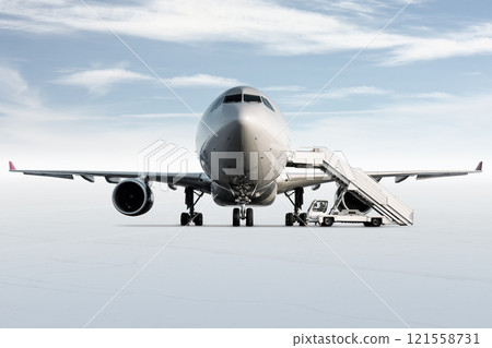 Front view of passenger airliner and boarding stairs at the airport apron isolated on bright background with sky Front view of passenger airliner and boarding stairs at the airport apron isolated on bright background with sky 121558731