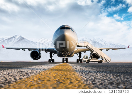 Front view of a wide body passenger airliner and boarding stairs at the airport apron on the background of high picturesque mountains Front view of a wide body passenger airliner and boarding stairs at the airport apron on the background of high picturesque mountains 121558733