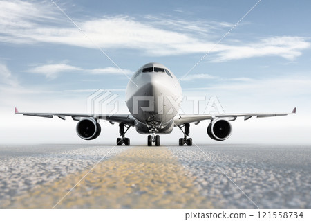 Front view of wide body passenger aircraft isolated on bright background with sky Front view of wide body passenger aircraft isolated on bright background with sky 121558734