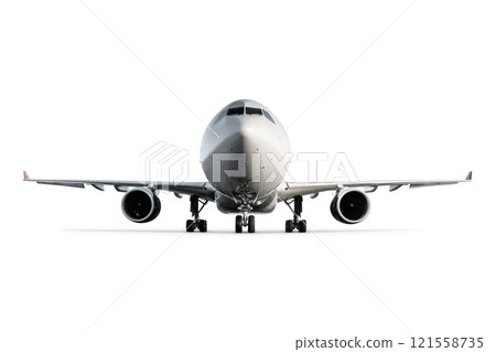 Front view of wide body passenger aircraft isolated on white background 121558735