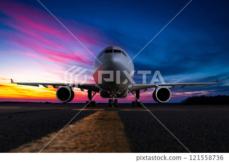 Front view of the wide body passenger aircraft at the airport apron against the backdrop of a scenic sunset sky Front view of the wide body passenger aircraft at the airport apron against the backdrop of a scenic sunset sky 121558736