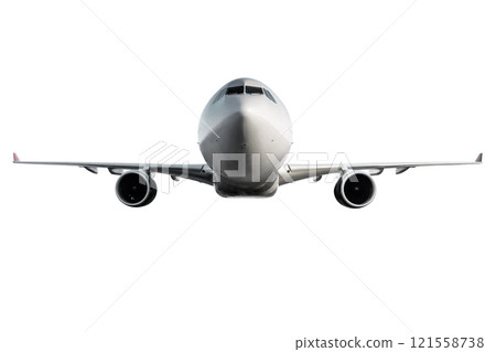 Front view of the wide body passenger jet plane fly isolated on white background 121558738