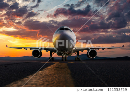Front view of the wide body passenger aircraft at the airport apron against the backdrop of a scenic sunrise sky Front view of the wide body passenger aircraft at the airport apron against the backdrop of a scenic sunrise sky 121558739