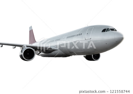 Wide body passenger plane fly isolated on white background 121558744