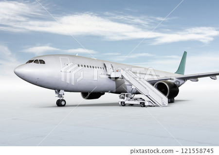 Wide body passenger airliner with a boarding stairs at the airport apron isolated on bright background with sky Wide body passenger airliner with a boarding stairs at the airport apron isolated on bright background with sky 121558745