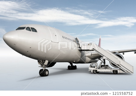 Wide body passenger aircraft with air-stairs at the airport apron isolated on bright background with sky 121558752