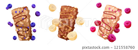 Oatmeal granola bar set with fruit toppings. 121558760