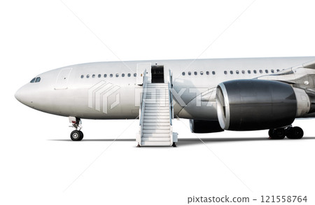 Wide body passenger jet plane with air-stairs at the airport apron isolated on white background 121558764