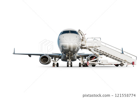 Front view of the passenger airliner with boarding ramp isolated on white background 121558774
