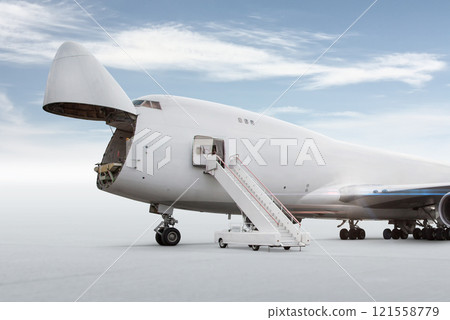 White wide body cargo airplane with an open nose hatch isolated on bright background with sky 121558779