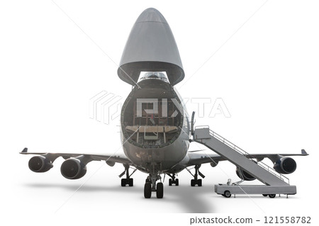 Front view of the wide body cargo airplane with an open nose hatch isolated on white background Front view of the wide body cargo airplane with an open nose hatch isolated on white background 121558782