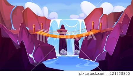 Wooden bridge stretches across waterfall 121558800