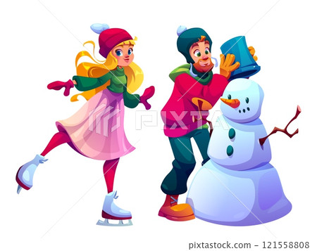 Cartoon winter Christmas scene with people walking Cartoon winter Christmas scene with people walking 121558808