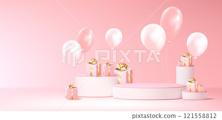 Pink romantic composition with white podiums 121558812