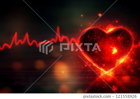 A radiant heart emitting a warm red glow, with an animated ECG line pulsating through its center, illuminating a deep black backdrop with soft light gradients. 121558926