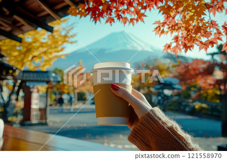 a woman with A cup of coffee on a table enjoying in mountain Fuji view in bright day overlooking an autumn view. Generative AI. 121558970