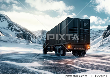 logistic truck driving through snow-covered landscape, aerial view. logistic truck driving through snow-covered landscape, aerial view. 121559041