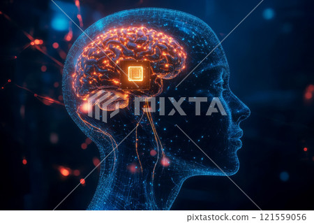 Human brain with implanted neural ink chip implanted, Neural connection to computer, Neuro engineering. neuralink concept 121559056