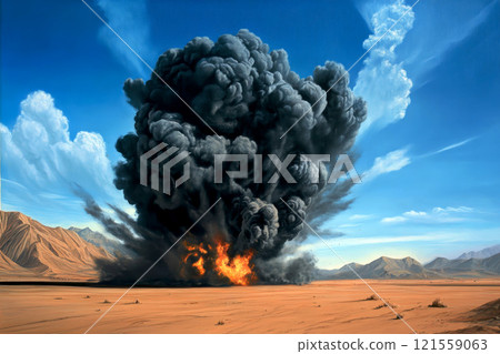 Large scale explosion in a desert environment. 121559063
