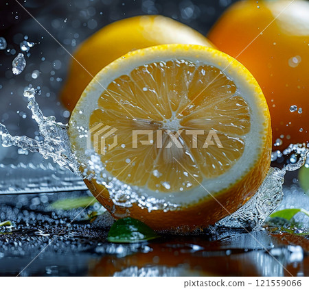 Water splash on white background with lemon slices. generative ai 121559066