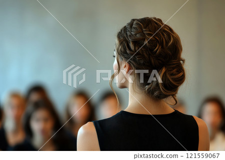 A woman stands facing a audience, her back to the camera, in a conference setting. She is giving a presentation or speech. The crowd is attentive and focused. 121559067