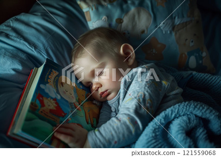 Cute children baby sleep on bed with a children book . Education learning concept. AI generative 121559068