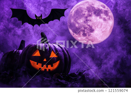 scary halloween Pumpkin Out Of A Graveyard cemetery dark Night full moon bats on tree. Holiday event halloween banner background concept. scary halloween Pumpkin Out Of A Graveyard cemetery dark Night full moon bats on tree. Holiday event halloween banner background concept. 121559074