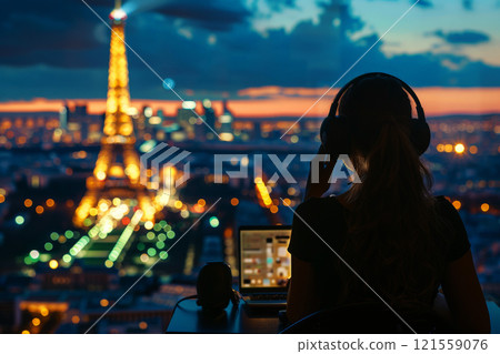 Woman podcaster recording audio podcast on Eiffel tower Paris background. Generative Ai Woman podcaster recording audio podcast on Eiffel tower Paris background. Generative Ai 121559076