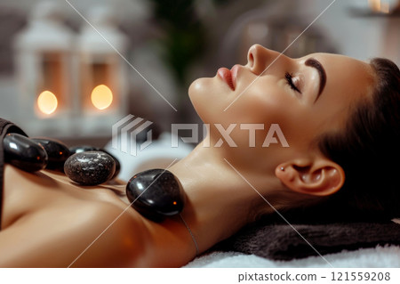 A woman is laying on a bed with a towel on her head im spa salon. ai gnerative 121559208