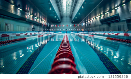 Indoor swimming pool lanes with focused lane ropes and blurred background 121559236