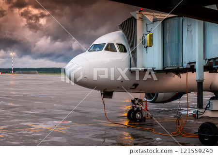 View of the front of the white passenger aircraft standing by the boarding bridge on a cloudy evening 121559240