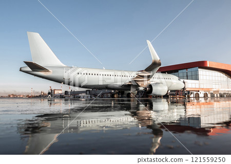Passenger aircraft parked to a jet bridge with reflection in a puddle Passenger aircraft parked to a jet bridge with reflection in a puddle 121559250