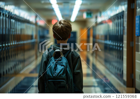Black boy with backpack in school lockers hall, student boy. back to school concept , Generative AI Black boy with backpack in school lockers hall, student boy. back to school concept , Generative AI 121559368